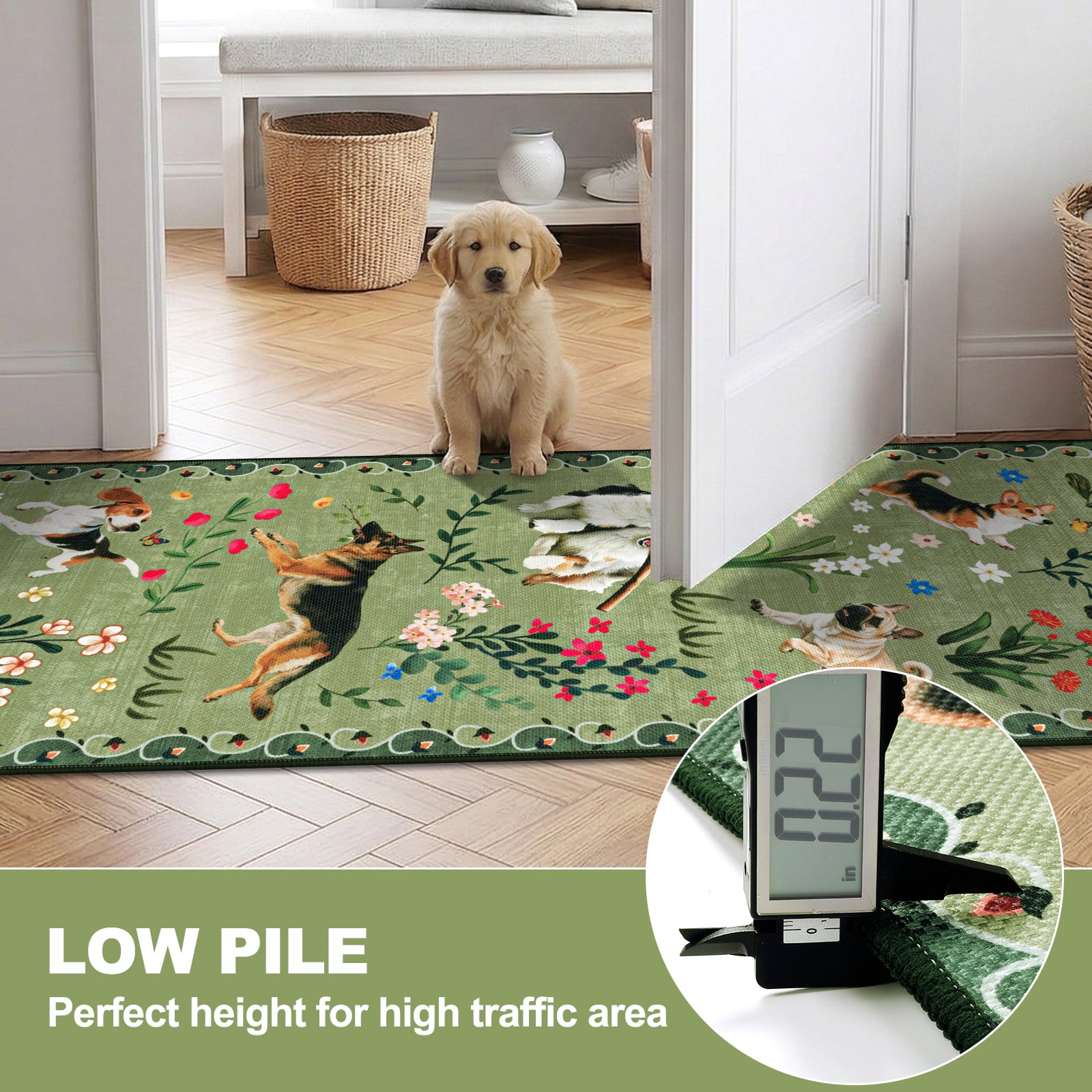 MJIAexp 2'x6' Jute Animal Dog Floral Kitchen Runner Rug,Woven Texture Machine Washable Runner Rug Non-Slip Rubberback Hallway Runner Laundry Rug Throw Carpet for Living Room Bedroom Dining Room Entry