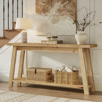 Finmind Solid Wood Console Table, 70.87-Inch Farmhouse 2-Tier Storage Sofa Table with Shelf for Living Room, Brown