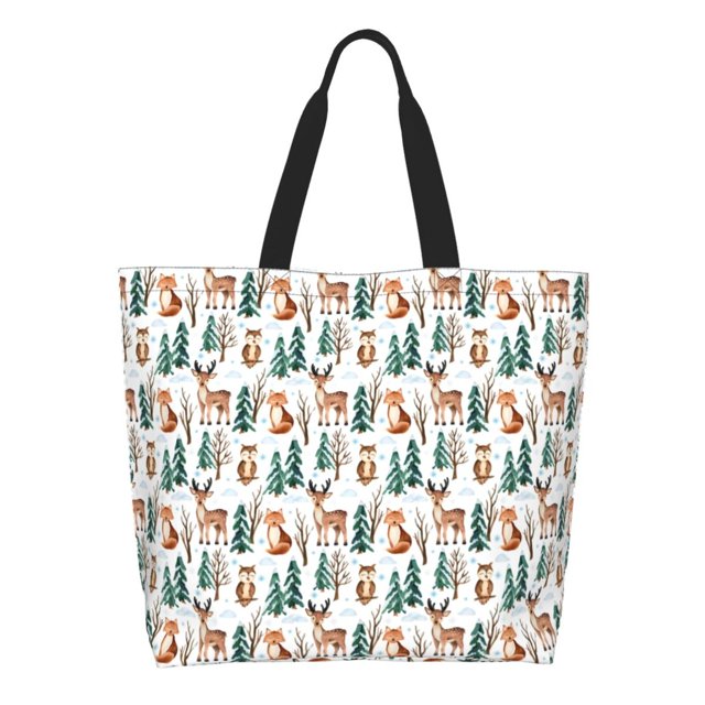 Fotbe Winter Woodland Friends Bolsa Tote Estética de Lona con Estampado para Mujer - Bolsa Reutilizable de Hombro Casual para Vacaciones, Compras, Trabajo y Gimnasio