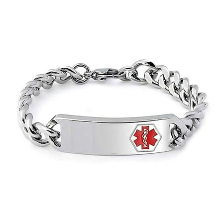 Medical Identification Doctors Medical Alert ID Bracelet Engravable Curb Chain For Men Silver Tone Stainless Steel 8