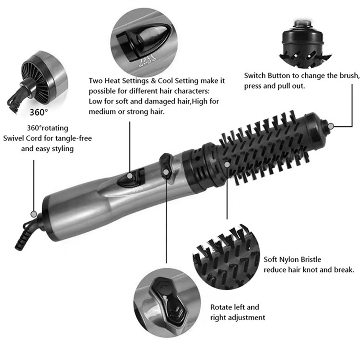 Yiliangx 3 In 1 Hot Air Styler And Rotating Hair Dryer Multifunction Electric Hair Styler Comb,(Grey)