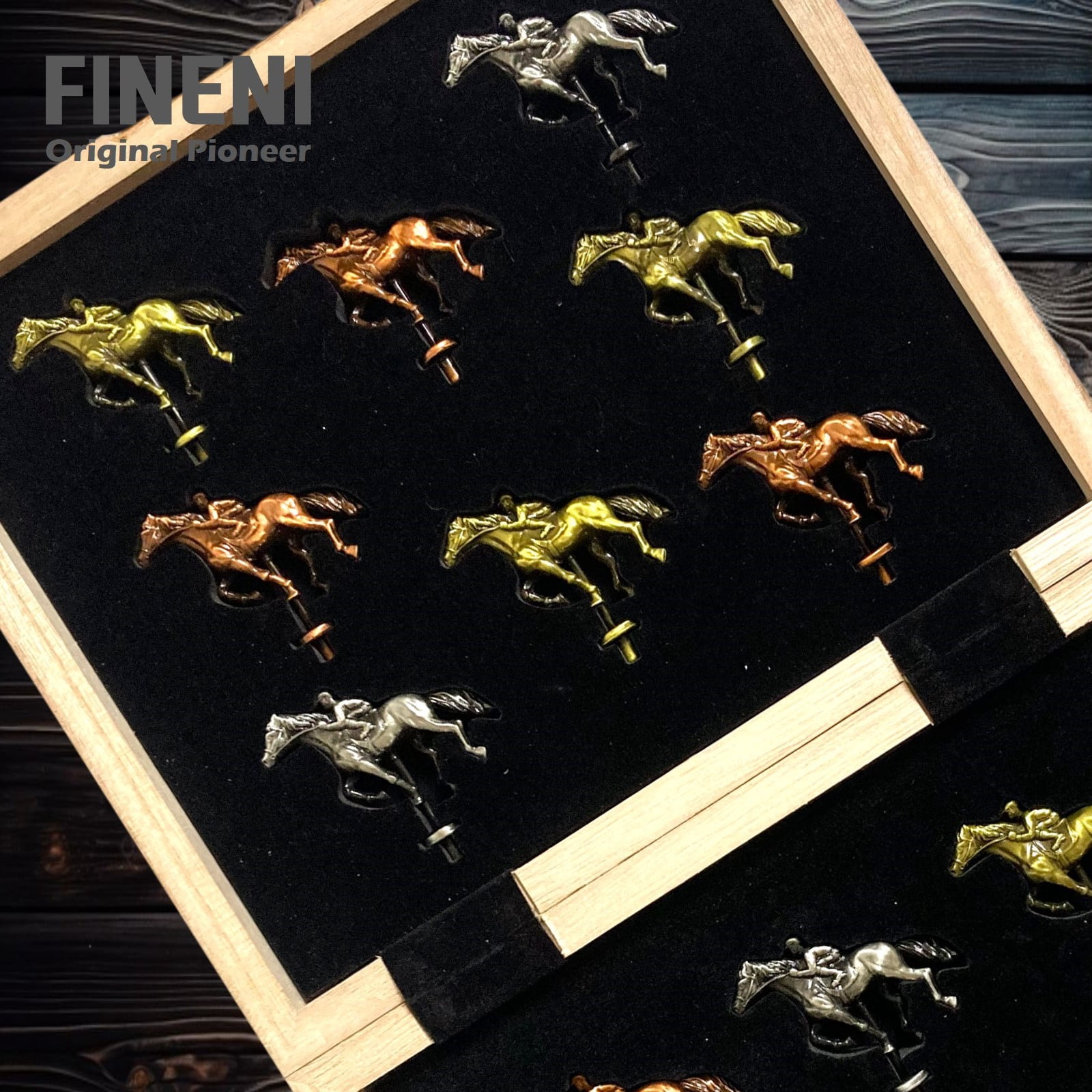 FINENI Horse Racing Game for Adults, Horse Race Board Game with 11 Antique Matt Metal Horses(Bronze, Brass, Silver), 19” Foldable Wood Horse Race Game Board, Dice & Card Included