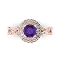 1.3125 ct Round Cut Natural Amethyst Solitaire with Simulated Diamond Accents 18K Rose Gold Womens Engagement Ring