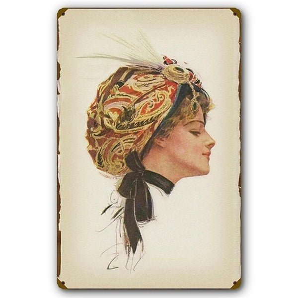 Letrero de hojalata vintage con diseño de chica de belleza americana, turbante, para exteriores, para decoración de paredes de hogar, bares, restaurantes y cocinas. Tamaño: 8 x 12 pulgadas