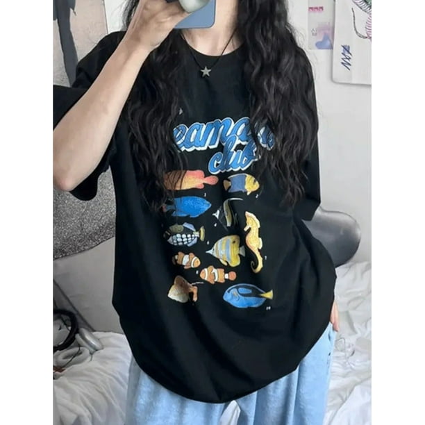 Women's Casual Summer Fish Print Mid-Length T-Shirt - Loose Fit, Round Neck, Short Sleeve, Cotton, Black with Colorful Underwater Design, "DREAMY CLUB" Lettering, Perfect for Casual Attire