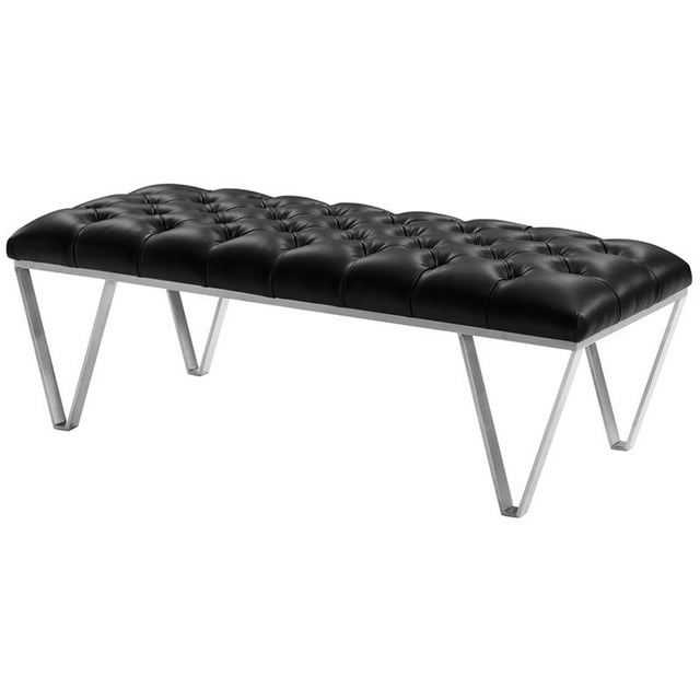 Armen Living Serene Faux Leather Tufted Bench in Black and Silver