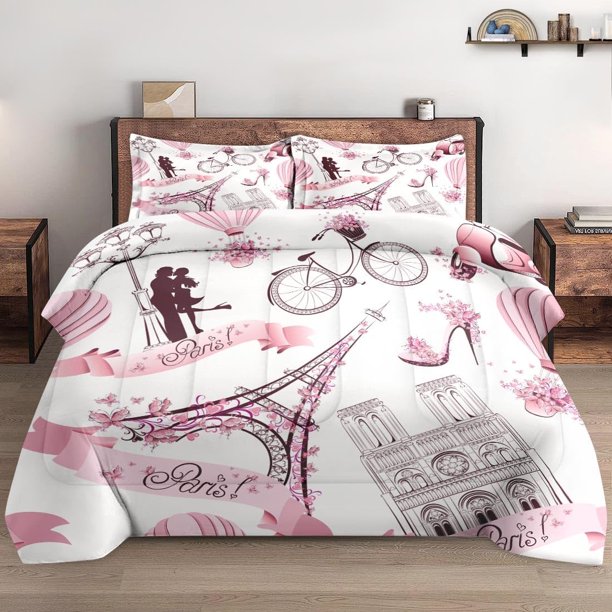 Juego de edredón con funda de almohada, Vintage Paris Tower Love Eiffel Suave juego de cama