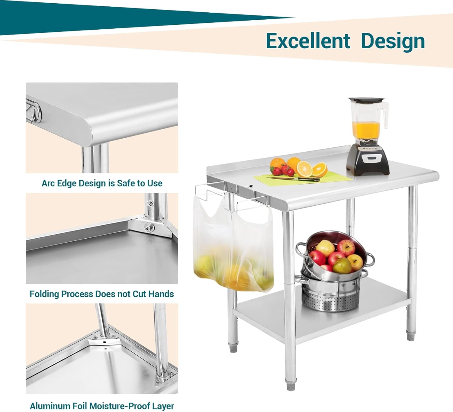 Tuekys Stainless Steel Table with Hooks,Metal Prep Table with Backsplash & Adjustable Undershelf,Curved Edge,Heavy Duty Food Prep Worktable for Home