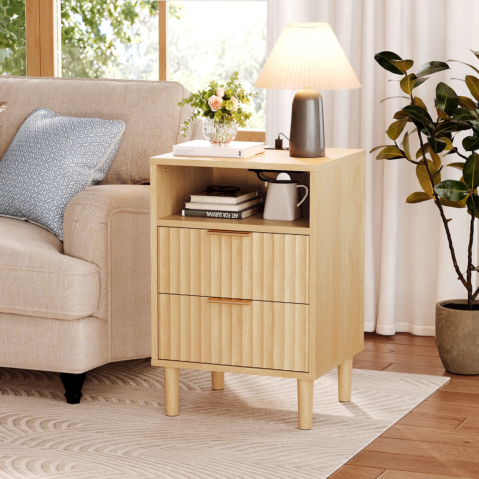 Ktaxon Nightstand with Charging Station, End Table Wooden Bedside Table Large Capacity Easy to Assemble, Wood