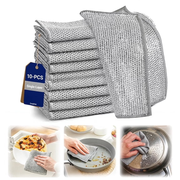 Non-Scratch Wire Dish Cloth, 10PCS Single Layer Multipurpose Wire Dishwashing Rags for Wet and Dry, Dish Cloths for Washing Dishes, Stovetops, Kitchen Countertops with Ease