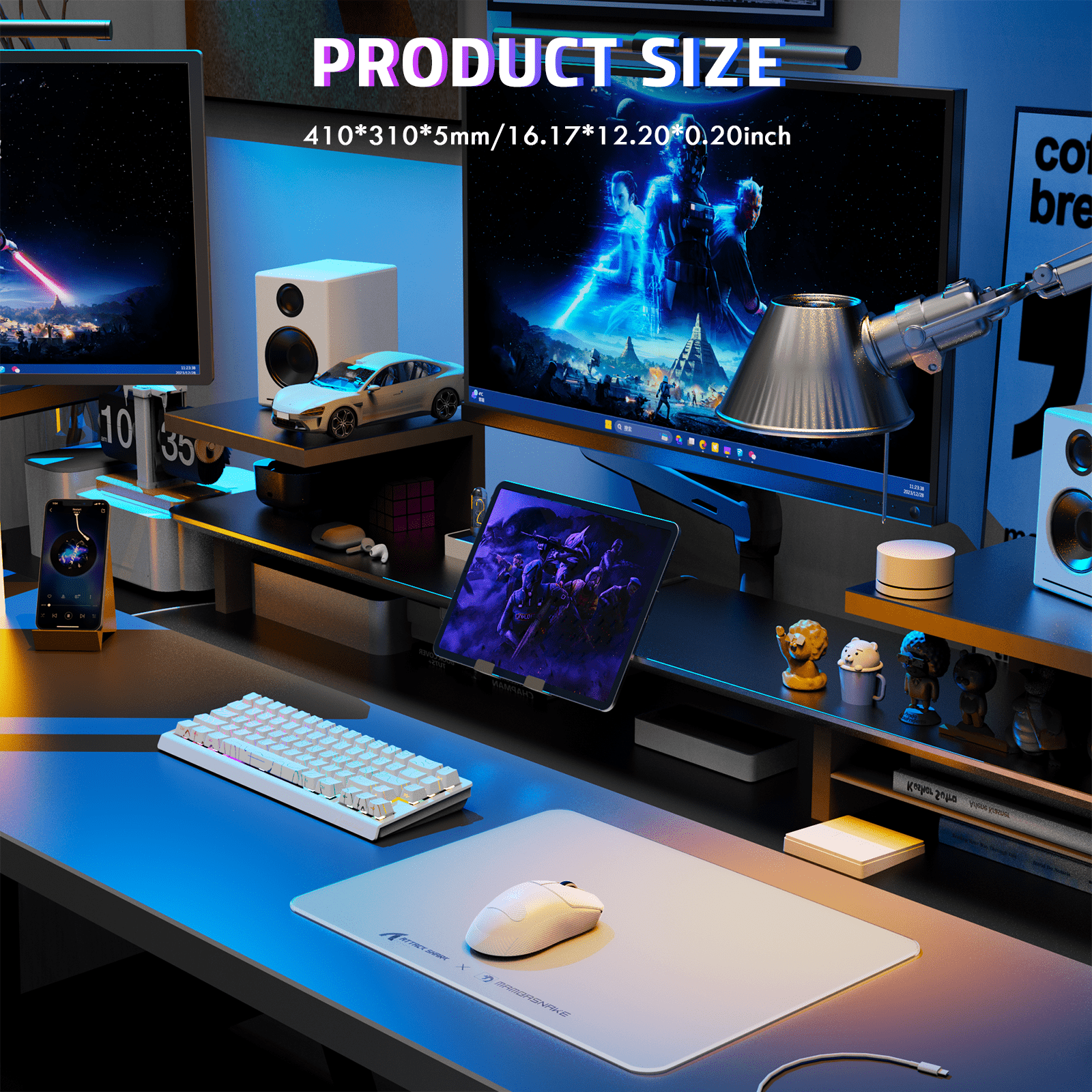 ATTACK SHARK CM05 SE Tempered Glass Mouse Pad, 16.1''×12.2'' Large Hard Gaming Mouse Pad, Nano-Etched Surface, 9H Anti-Scratch, Anti-Slip Base, White