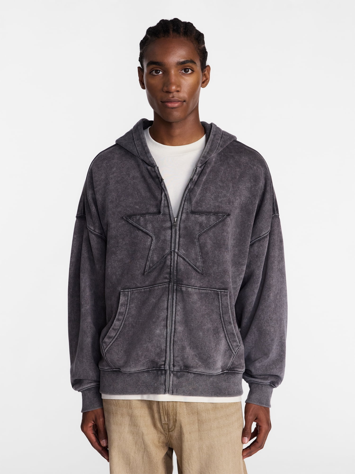 No Boundaries Zip Up Oversized Hoodie with Applique Detail, Men's and Big Men's XS-3XL