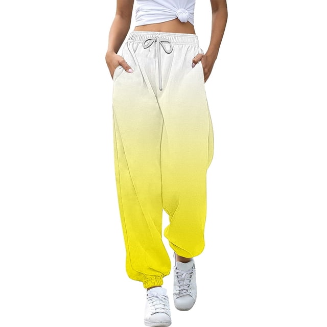 WERYOUNG Girls Boys Sports Pants Spring Summer Gradient Color Stretch Elastic Waist Drawstring Jogger Pants Baby Versatile Sweat Pants,Yellow,7-8 Years