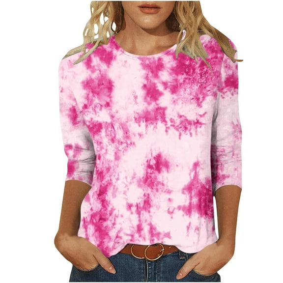 ShomPort Women's T-Shirt 3/4 Sleeve Round Neck Button Tunic Tops Trendy Comfy Pullover Tops