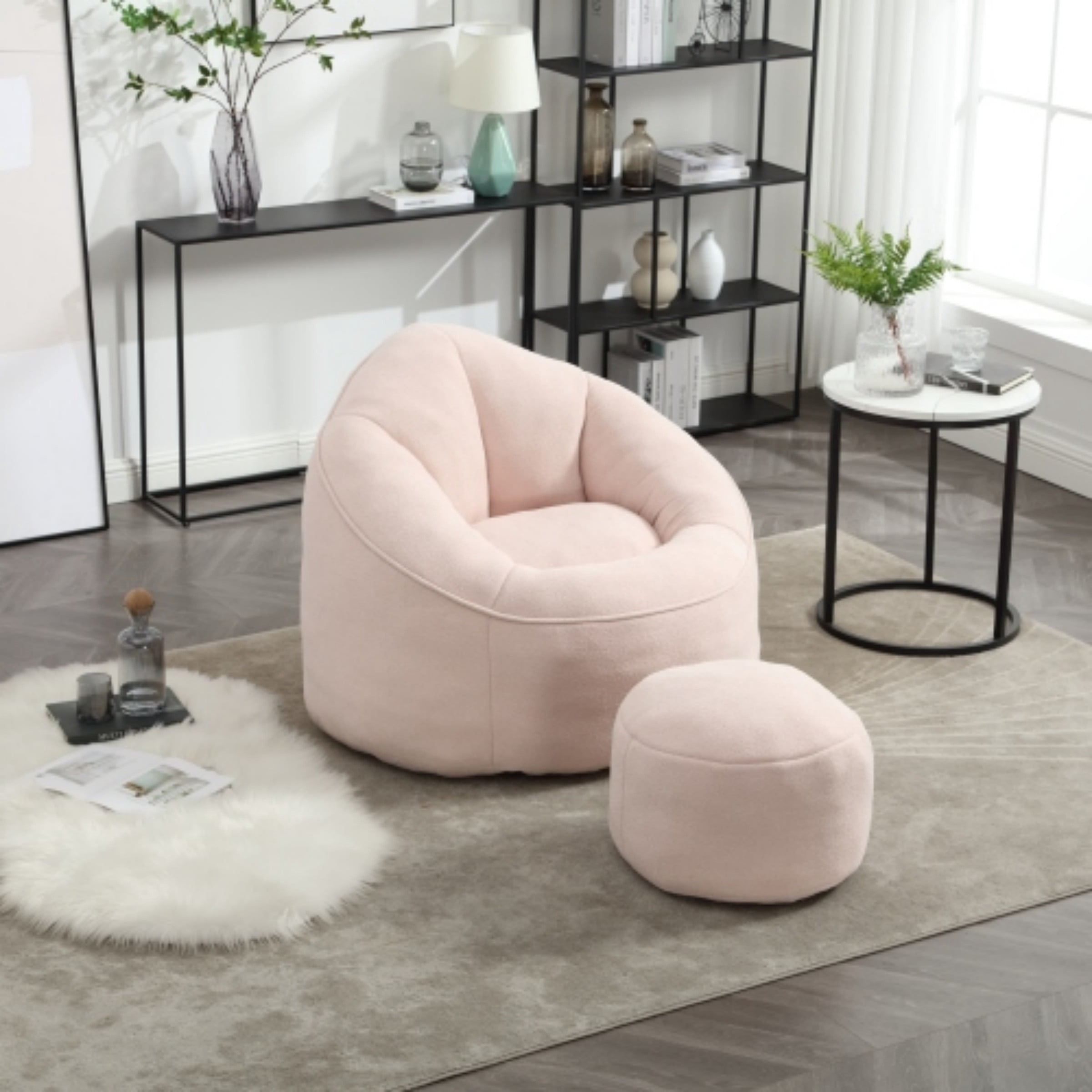 Bean Bag Sofa Chair with Footrest, High Density Foam Bean Bag Chair for Adults, Comfy Lazy Lounge Chair for Bedroom Living Room, Pink