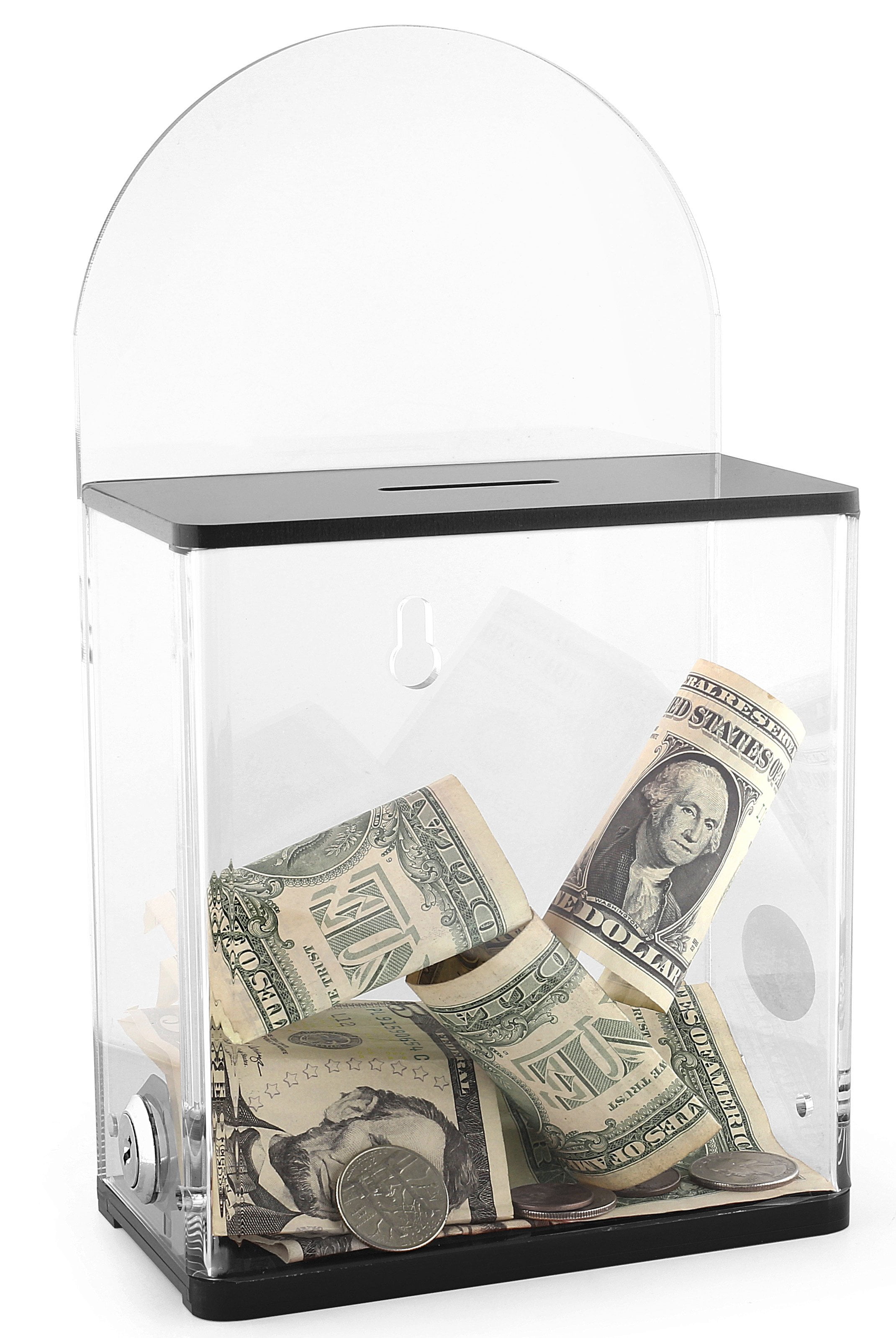 Acrylic Donation Suggestion collection Box Pre Drilled Holes For Wall mounted Or Retail Countertop Tip Box with round back wall display area 10 x 6 inches, Lock With set of keys Black