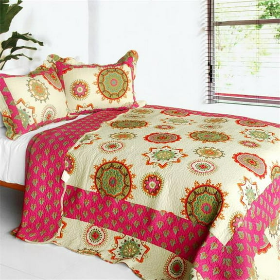 QTS-SJ629-23 Children of Heaven - 3 Pieces Cotton Contained Vermicelli-Quilted Patchwork Quilt Set  Full & Queen Size - Red