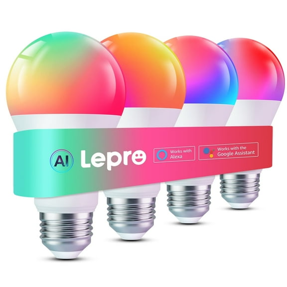 Lepro B2 Smart LED Bulbs – 1100LM RGBWW Color Changing Lights with AI Scene Creation, Voice Control, Music Sync, WiFi Bluetooth (2.4GHz), Works with Alexa & Google, 4-Pack