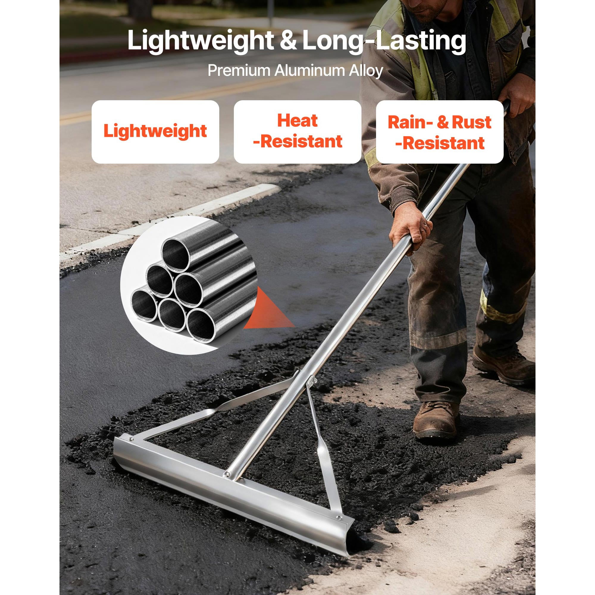 KFFKFF 60-Inch Handle Landscape Rake, 20-Inch Wide Aluminum Head, Durable Leveling Tool for Landscaping, Asphalt, Concrete, and Sand Flattening Applications