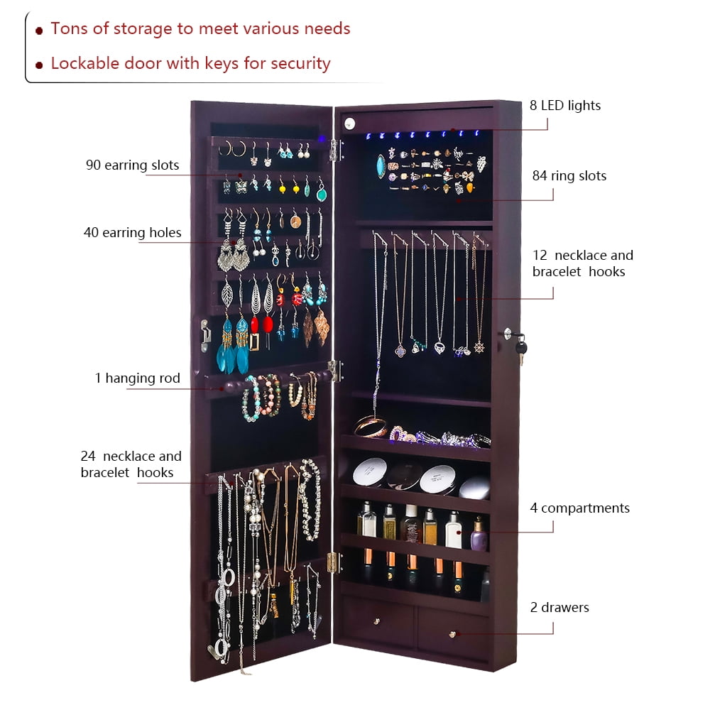 Jewelry Storage Mirror Cabinet, Nonfull Mirror Wooden Wall Mounted 4-layer Shelf, 2 Drawers, 8 Blue Led Lights