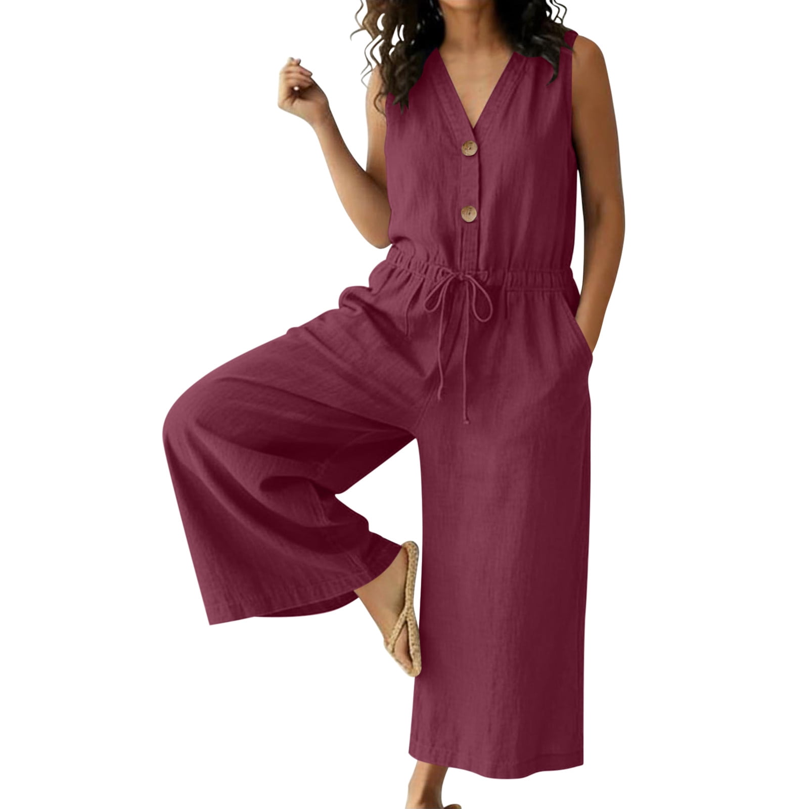 Women's Cotton Linen Jumpsuits V Neck Button Drawstring Waist