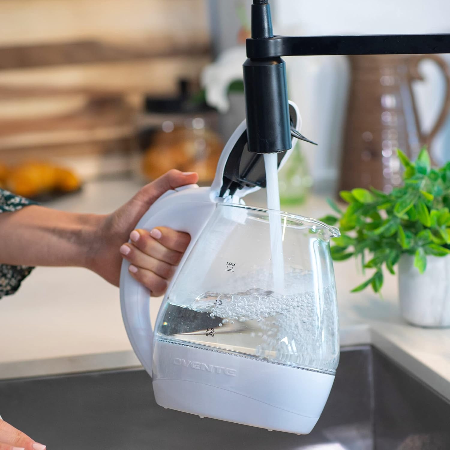 OVENTE 1.5L Glass Electric Kettle with Blue LED Light, 1100W Lighted Countertop Water Heater and Boiler for Coffee or Tea, Auto Shut-Off, Boil Dry Protection and Stainless Steel Lid, White KG845W