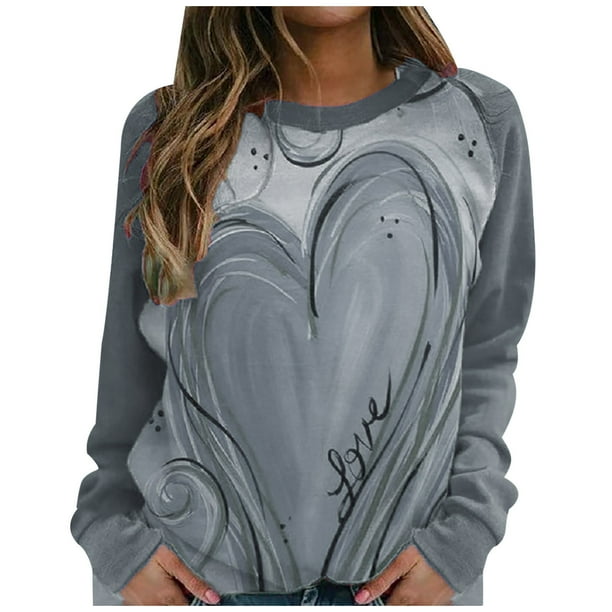 Blusa de camiseta estampada de amor con cuello redondo y manga larga suelta divertida vintage para mujer Pompotops gfhjh8196