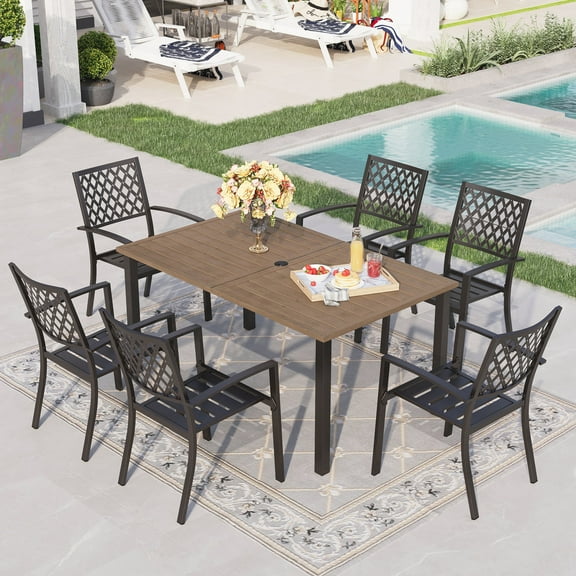 Sophia & William 7-Piece Outdoor Patio Dining Set Metal Teak-grain Table and Chairs Furniture Set