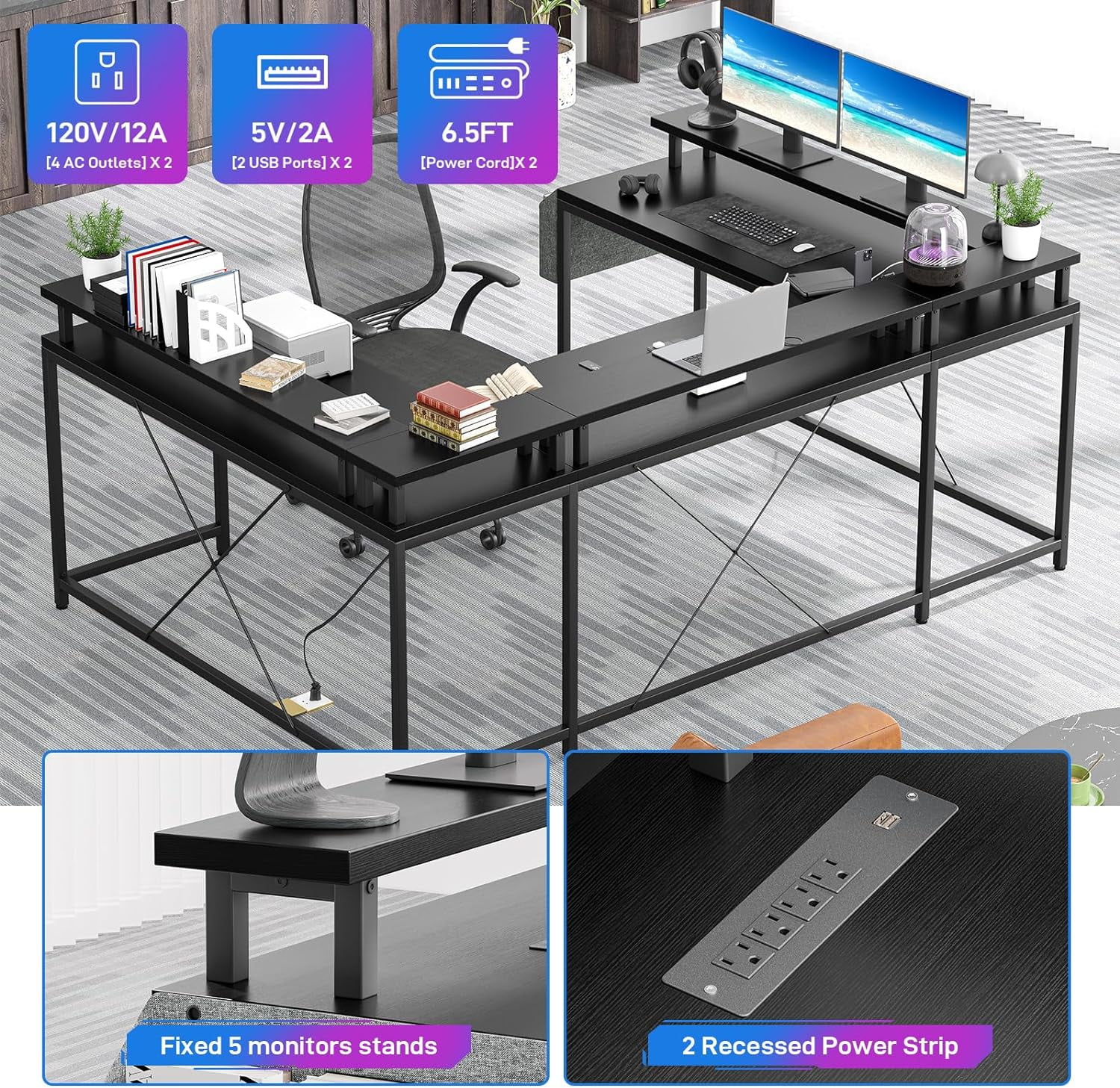 U Shaped Desk with Power Outlets & LED Lights, 79" Reversible L Shaped Desk, Corner Computer Desk Office Desk with Full Monitor Stand, Black