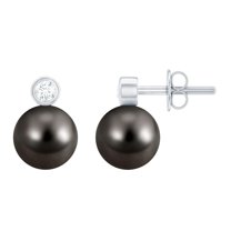 Rosec Jewels Tahitian Pearl and Moissanite Earrings, 8 MM Pearl Earrings, Elegant Tahitian Pearl Earrings, Pearl Earrings for Women, 14K White Gold