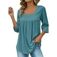 thumbnail image 5 of yunLCZ Ladies Blouse Clearance A Vintage Solid Color T Shirt With A Square Neck For Ladies A Casual Pleated Loose And Flowing Three Quarter Sleeve Top Summer short sleeve loose fit tunics, 5 of 7