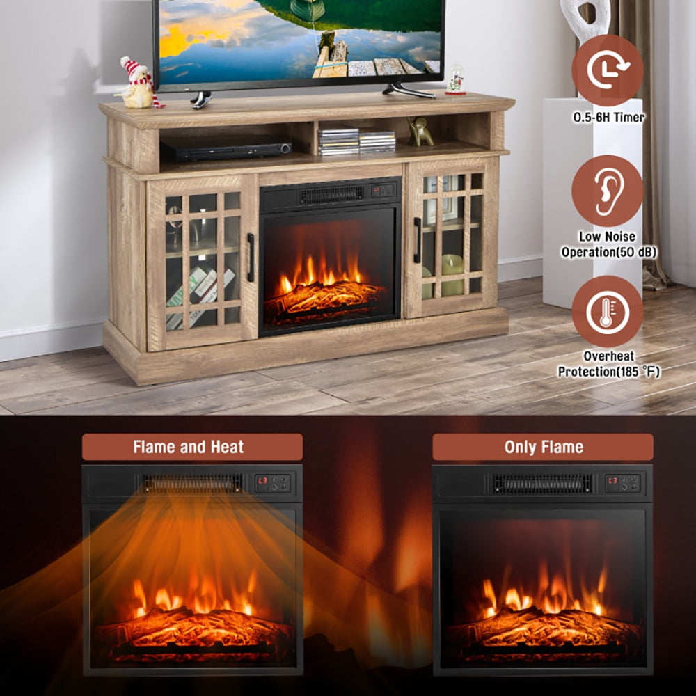 Finihen TV Stand, TV Cabinet, 48 Inch Electric Fireplace TV Stand with Cabinets for TVs Up to 55 Inch, for Living Room, Bedroom, Natural
