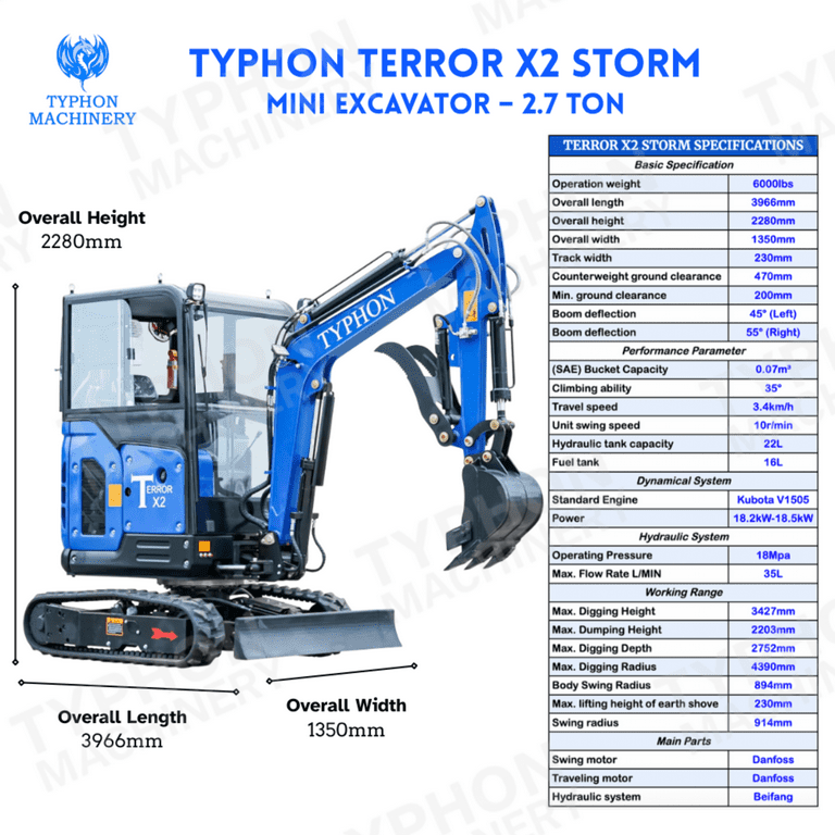 TYPHON TERROR X2 Mini Excavator, 2.7 Ton, EPA Certified Kubota