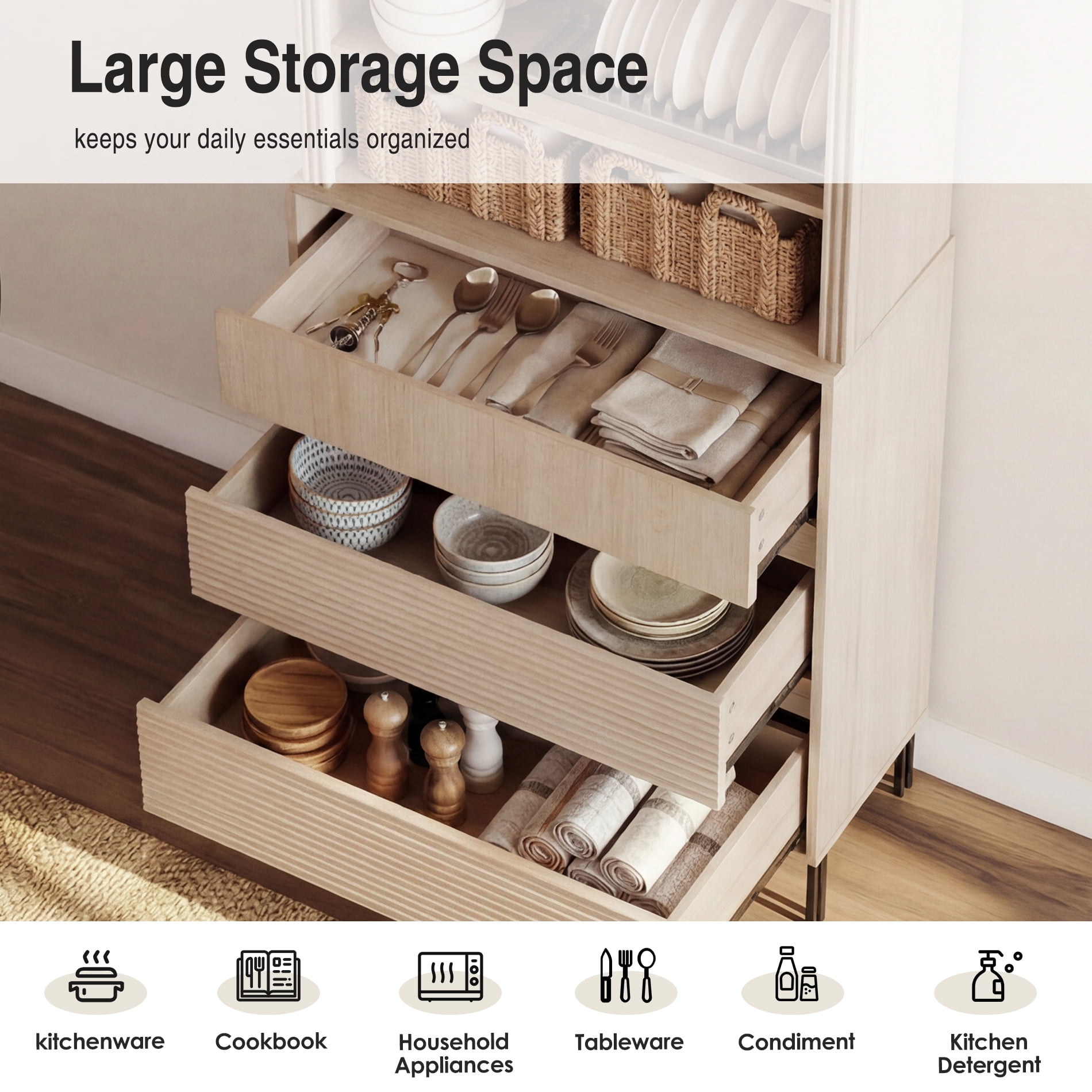 63"W Fluted Kitchen Hutch Sideboard with Adjustable Shelves, Wooden Modern Buffet Hutch Cabinet with 6 Drawers And 6 Tier Shelves