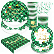 St Patricks Day Plates and Napkins Set Decorations, Disposable Green Buffalo Plaid Irish Shamrock Party Paper Tableware for 24 Guests, 120 Pcs Include 9 and 7 Plates, Napkins, Cups, and Straws