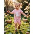 thumbnail image 6 of Loicainy Baby Toddler Girls Easter Summer Outfits 6 12 18 24 Months 2T 3T Short Sleeve Crew Neck Bunny Carrot Embroidery Tops and Elastic Waist Striped Shorts Clothes Set, 6 of 9