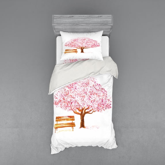 Ambesonne Nature Bedding Set 3 Pcs, Blooming Cherry Tree, Twin, Pink Brown