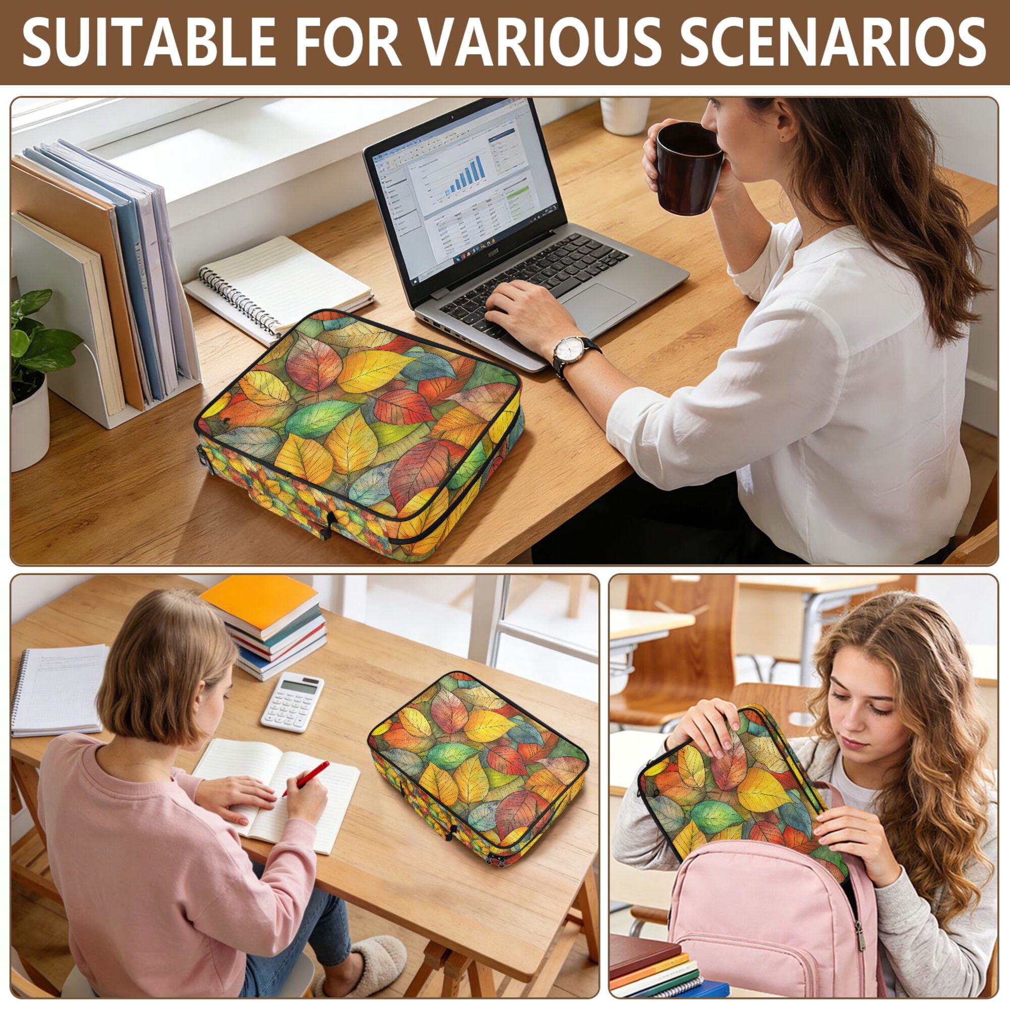 FORMRS Accordion File Folder A4 Size 7-Pocket Expanding Document Organizer Bag with 3 Ring Binder, Retro Autumn Leaves