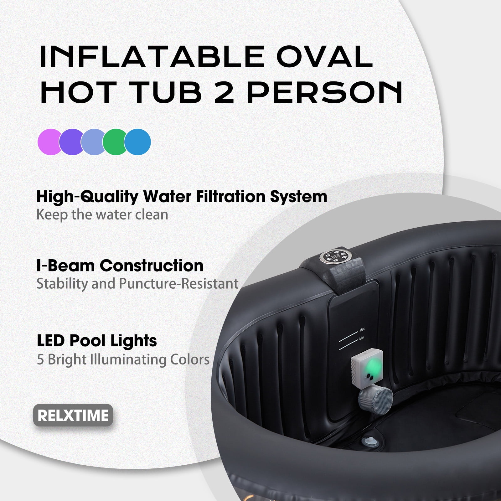 RELXTIME 2 Person Oval Inflatable Hot Tub Set Outdoor Spa with 100 Massage Jets, LED Light , Black