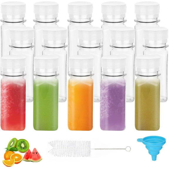 LIOUCBD Pack of 15 Shot Small Bottles for Filling 60 ml Smoothie Bottle Ginger Shot Bottles Juice Bottles Plastic Bottles for Filling Mini Empty Small Bottles with Leak-proof Lids Funnel