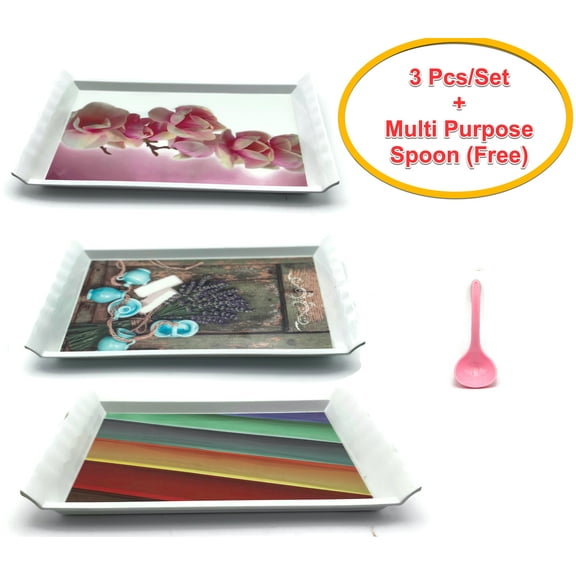 Holiday Gift Set Melamine Serving Tray for Ice cream bowls, Sushi, Cake Slice, Pumpkin Pies, Cream Puffs Plastic Trays with Modern Attractive Designs 10.75" x 7.5"x1" each 3pcs/set   Free Spoon