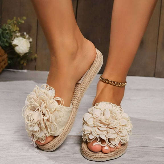 Under $15 Sandals Women, Xunlbb Women's Summer New Casual Flat Flat Big Flowers To Wear Flat Beach Slippers(Beige,35)