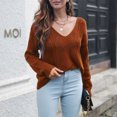 thumbnail image 4 of Ropa de Otoño de las mujeres Otoño Invierno Moda Color Sólido Hueco V-Cuello Manga Larga Suéter de Punto Ropa, 4 of 6