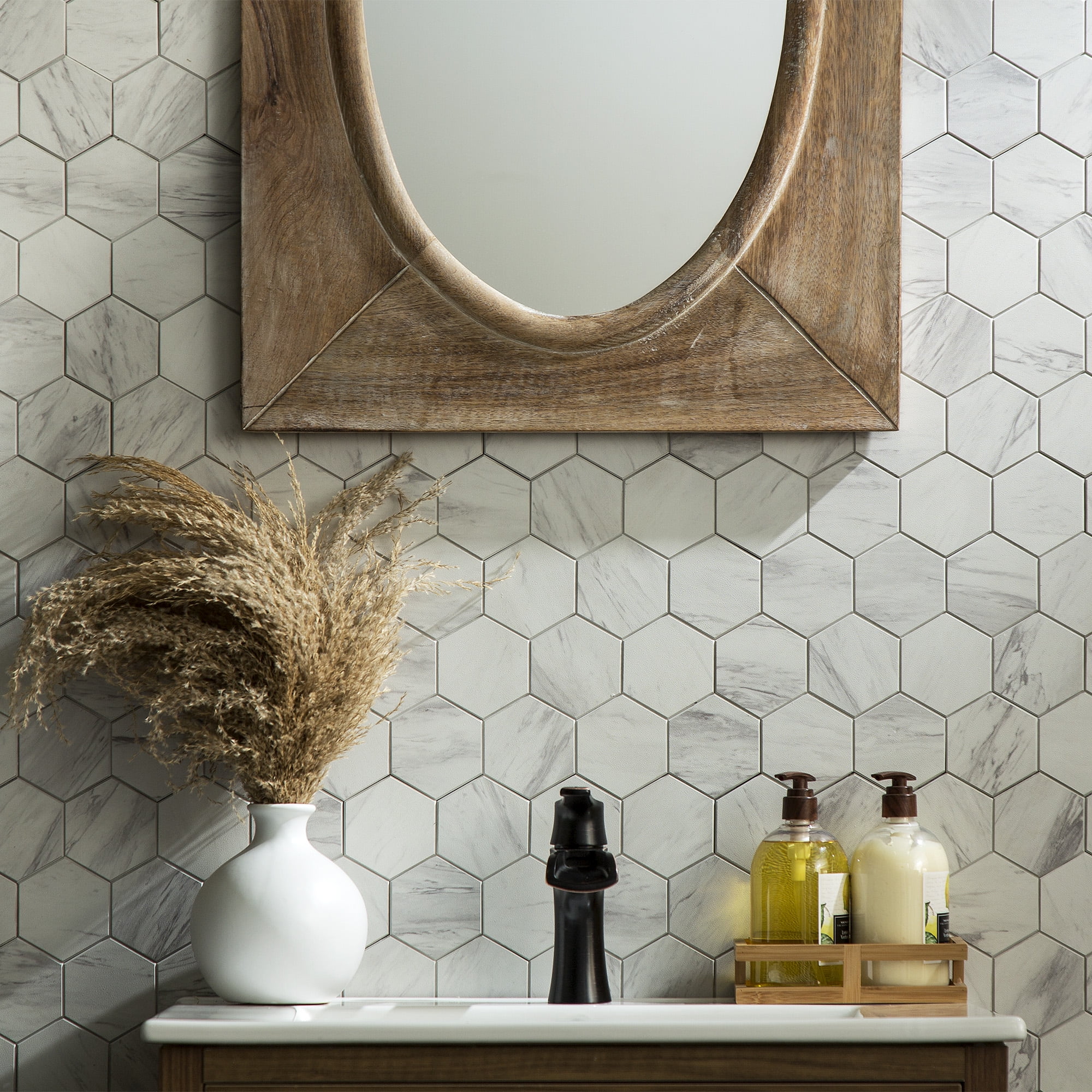 Aspect Collage 12.75in x 10.6in Peel and Stick Backsplash in Carrara Hex (5-Pack)