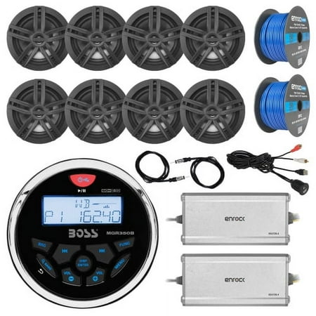 36' - 42' Boat System: Boss Bluetooth Receiver, 8 x 6.5" Water-Resistant Speakers (Black), 2 x 4-Channel Amplifier, 100Ft Speaker Wire, 2 x Radio Antenna - 40", USB Aux Interface Mount