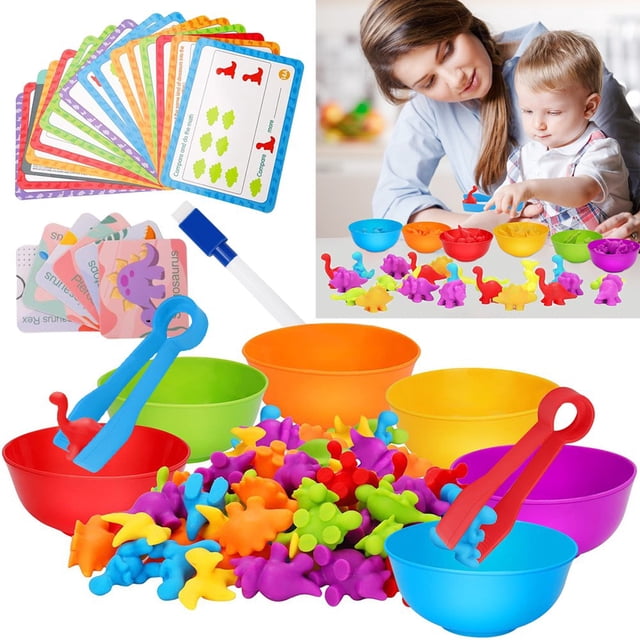 102 Pcs Counting Dinosaurs Toys for Kids Matching Game with Sorting Bowls Color Classification Early Educational Fine Motor Skills Toys