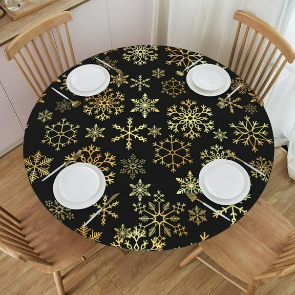 Winter Xmas Snowflakes Tablecloth with Elastic Edge, Round Table Cloth Christmas Washable Reusable Cover for Kitchen Dining Party Picnic, Medium Black