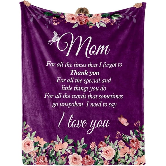 Gifts for Mom,Mom Birthday Gifts,Christmas,Birthday Gifts for Mom,Best Mom Gifts from Daughter,Son,Super Warm,Soft Love You Mom Throw Blanket with Floral & Letter Print 50" x 60"-Violet