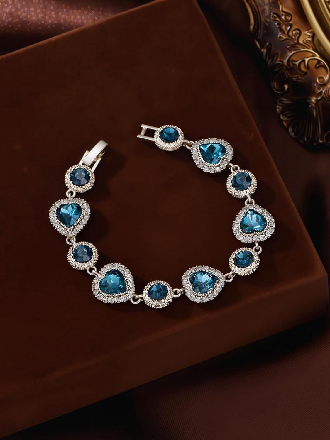 Blue Heart Bracelet for Women White Gold Elegant London Blue Gemstone Heart Bracelet Romantic Jewelry Gift Luxury Christmas Valentine’s Day Xmas Jewelry Gifts for Women Mom Stocking Stuffers