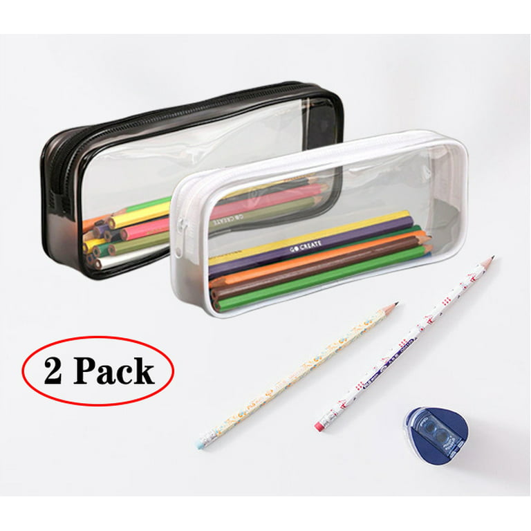 Amerteer 2 Pcs Clear Pencil Case Transparent PVC Big Capacity Pencil Pouch  Pen Bag Cosmetic Pouch with Zipper for School Office Stationery, Black and